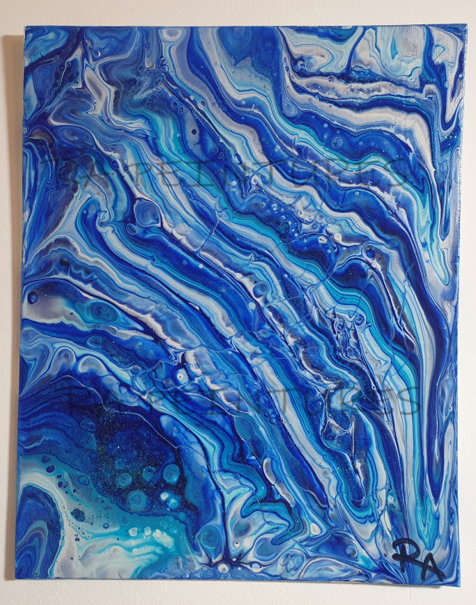 peinture pourring abstraite 20,5x25,5 - Ondes Bleues par RA - artiste peintre RA